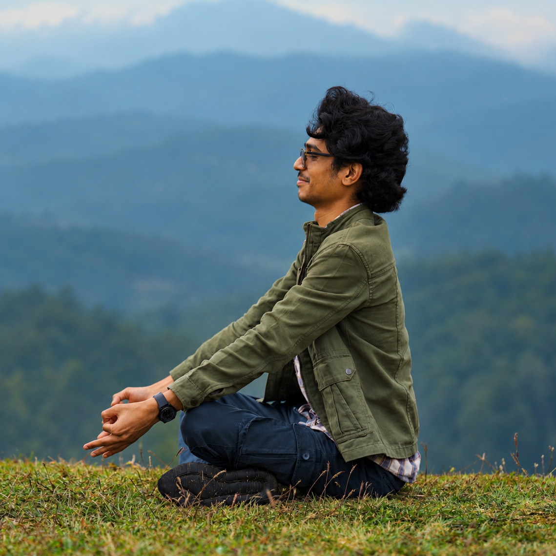 Bhargava sitting cross-legged on a grassy hilltop above layered blue mountains